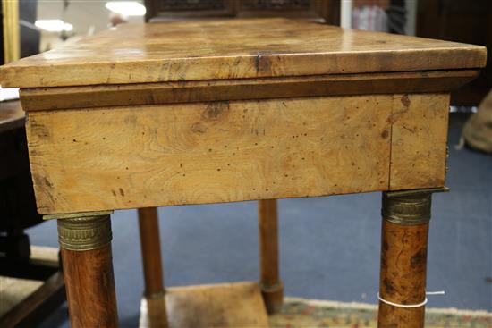 A 19th century burr elm console table with brass mounts W.113cm.